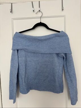 Lucky Brand Powder Blue Off-the-Shoulder Ribbed Sweater